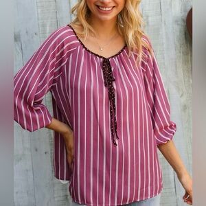 ODDY Women’s Boutique Brand Mauve Stripe Lace Back Woven Top Size Medium NWOT